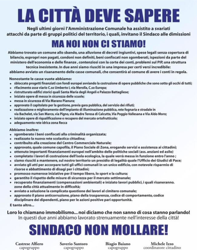 MARANO: L’amministrazione comunale risponde agli attacchi dell’opposizione attraverso un manifesto affisso in città.